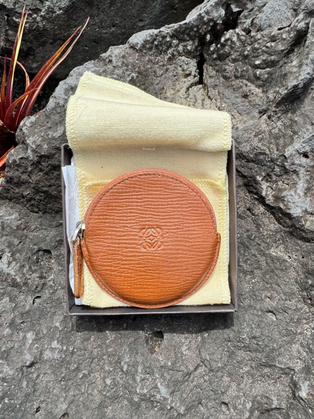 Loewe Round Leather Coin Purse Brown Anagram Zip Pouch w/ Box & Dust Bag
